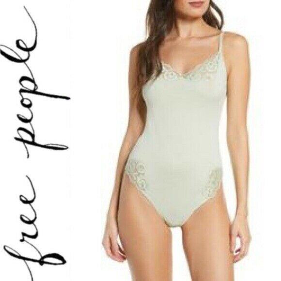 Free People Side of Sass Lace Trim Bodysuit Nile Lily Sage Green Size Medium - Picture 2 of 4